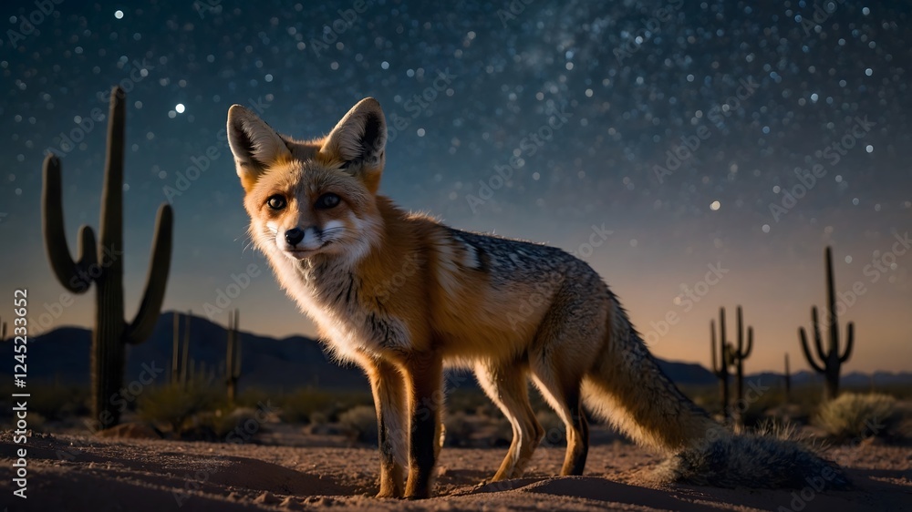 Fototapeta premium Lunar Expedition: A Kit Fox's Starlit Trek Across the Desert