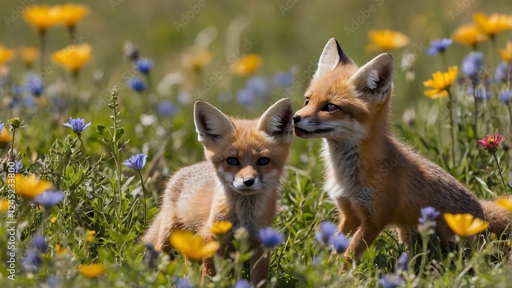 Naklejka premium Nature's Playground: A Kit Fox Family Frolicking in the Meadow