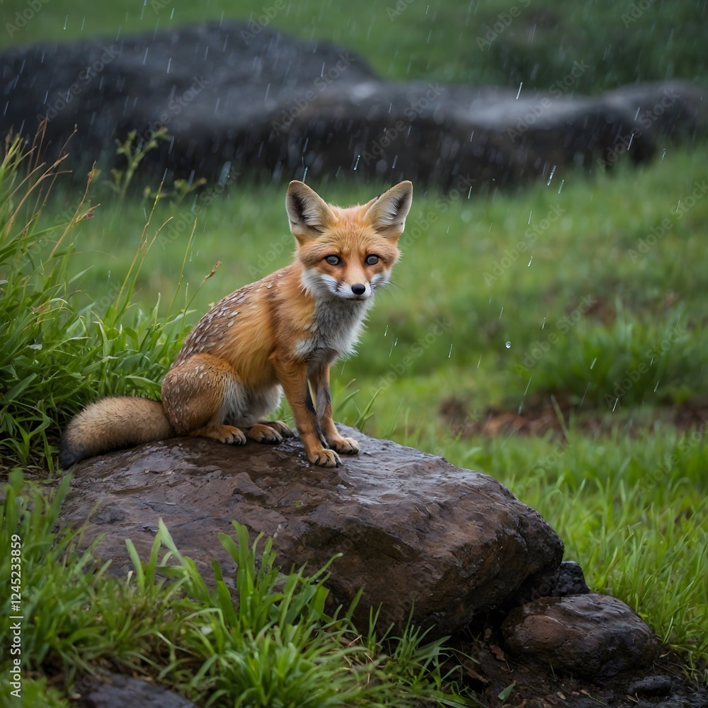 Obraz premium Raindrop Retreat: A Kit Fox Finding Solace in the Storm