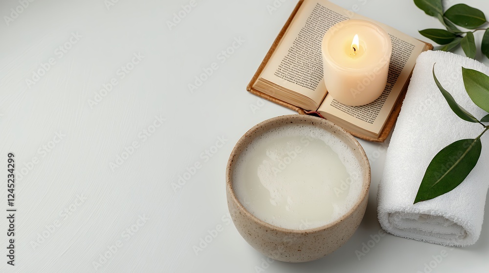 Serene Spa Setting Creamy Bowl, Candle, and Book Serene Spa Setting Creamy Bowl, Candle, and Book