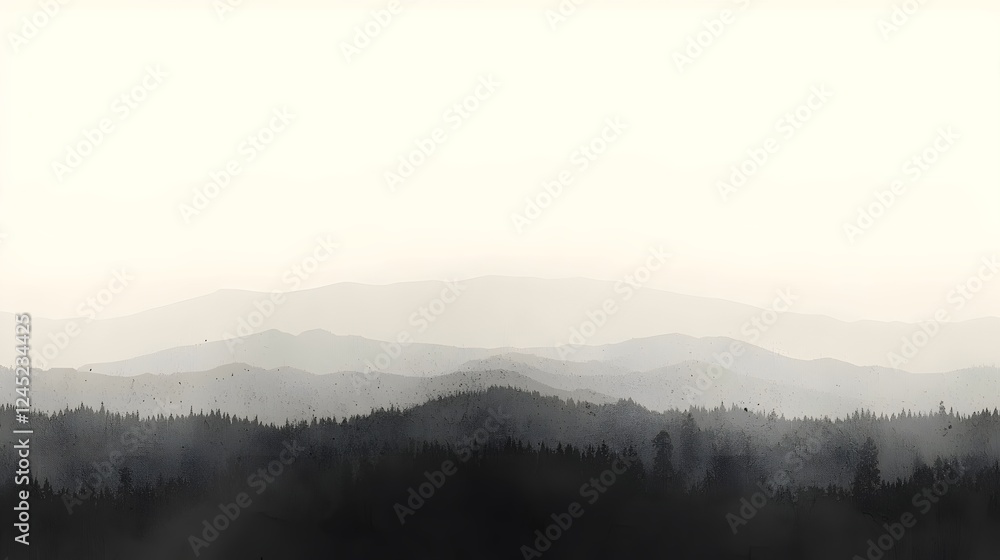 Serene landscape featuring layers of misty mountains and dense forests, creating a tranquil atmosphere with a muted color palette of soft grays and greens. Serene landscape featuring layers of misty mountains and dense forests, creating a tranquil atmosphere with a muted color palette of soft grays and greens.