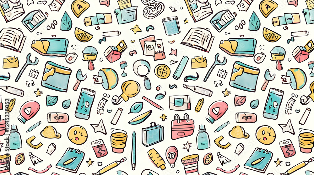 Colorful doodle pattern featuring various school and office supplies on a light background Colorful doodle pattern featuring various school and office supplies on a light background