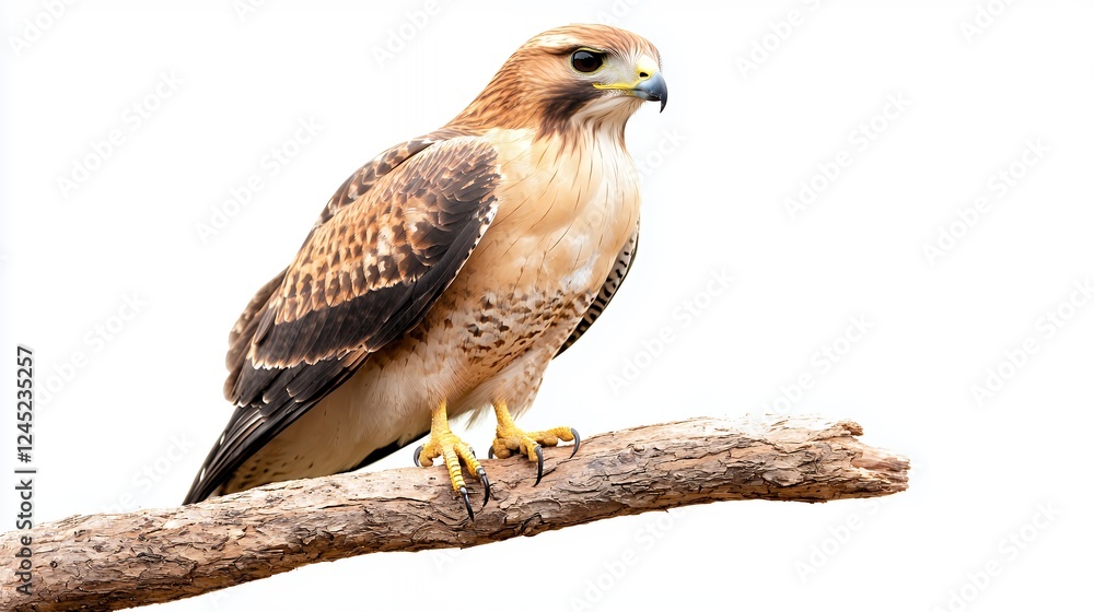 Brown Speckled Hawk Perched on Weathered Branch Against White Background Brown Speckled Hawk Perched on Weathered Branch Against White Background