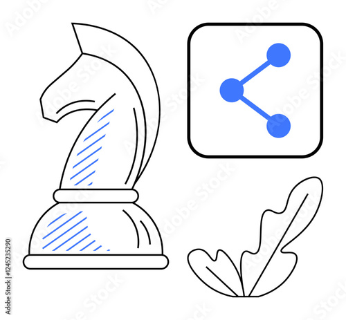Chess knight, abstract leaf, and network connection icon signifying strategy, nature, and connectivity. Ideal for themes of strategy, nature, online sharing, decision making growth network