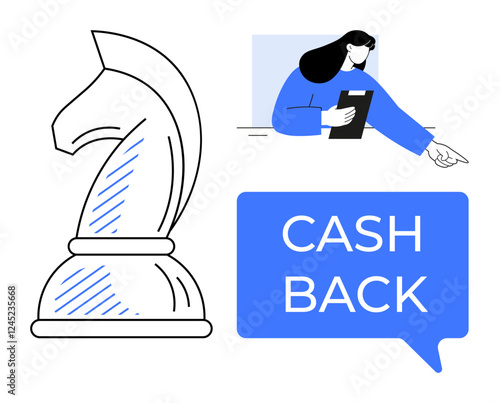 Knight chess piece, woman holding tablet pointing right, and CASH BACK speech bubble. Ideal for financial strategy, customer rewards, decision-making, smart investments, incentives, strategic