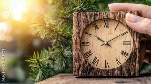 Wallpaper Mural Timeless craftsmanship, hand holds rustic wooden clock embracing natural elements Torontodigital.ca