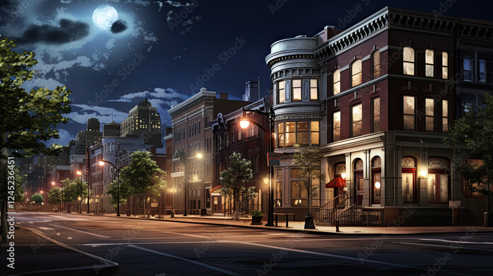 Serene Night City Street with Moonlit Sky and Illuminated Buildings Serene Night City Street with Moonlit Sky and Illuminated Buildings
