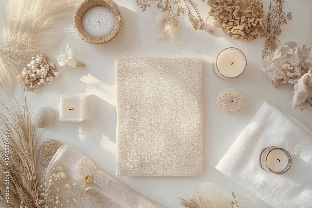 Conjunto de itens de spa com toalhas, velas e elementos decorativos em tons neutros, capturados com luz natural suave, criado com IA generativa. Conjunto de itens de spa com toalhas, velas e elementos decorativos em tons neutros, capturados com luz natural suave, criado com IA generativa.