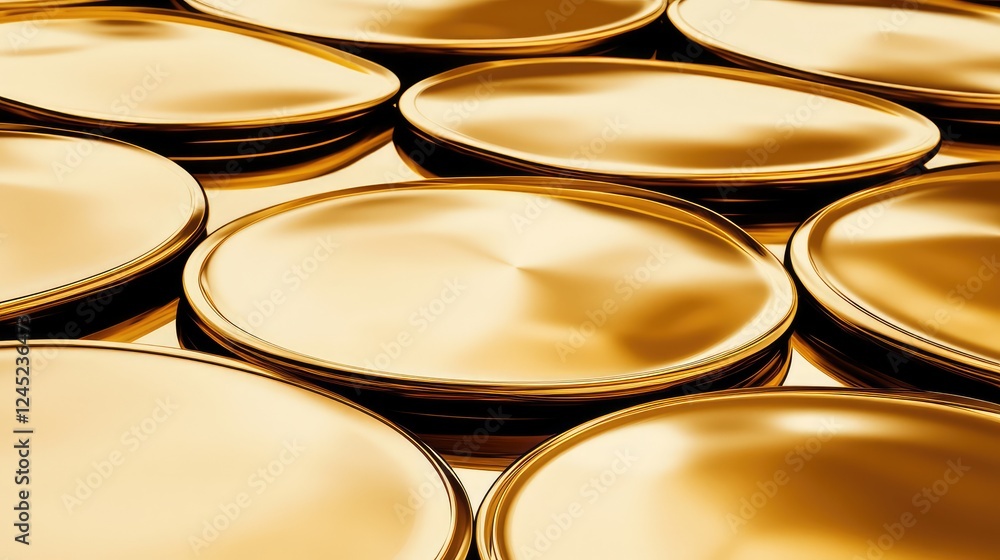 Fototapeta premium A series of polished gold coins placed on a simple background, reflecting light and offering plenty of space for copy or logo.