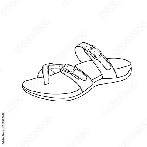Technical sketch of orthopedic sandals for women wide-width adjustable comfort orthotic flip flops with arch support line art. Flat sketch vector. Isolated on a white background