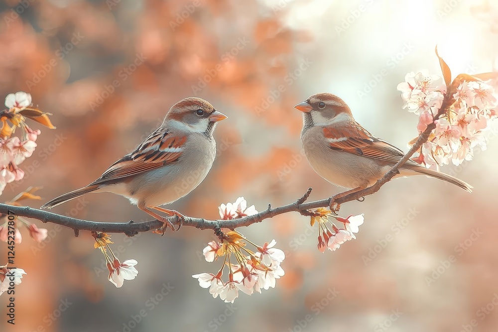 Birds perched on branches amidst blooming cherry blossoms, singing in unison with sunlight filtering through leaves, creating a serene, tranquil scene. Birds perched on branches amidst blooming cherry blossoms, singing in unison with sunlight filtering through leaves, creating a serene, tranquil scene.