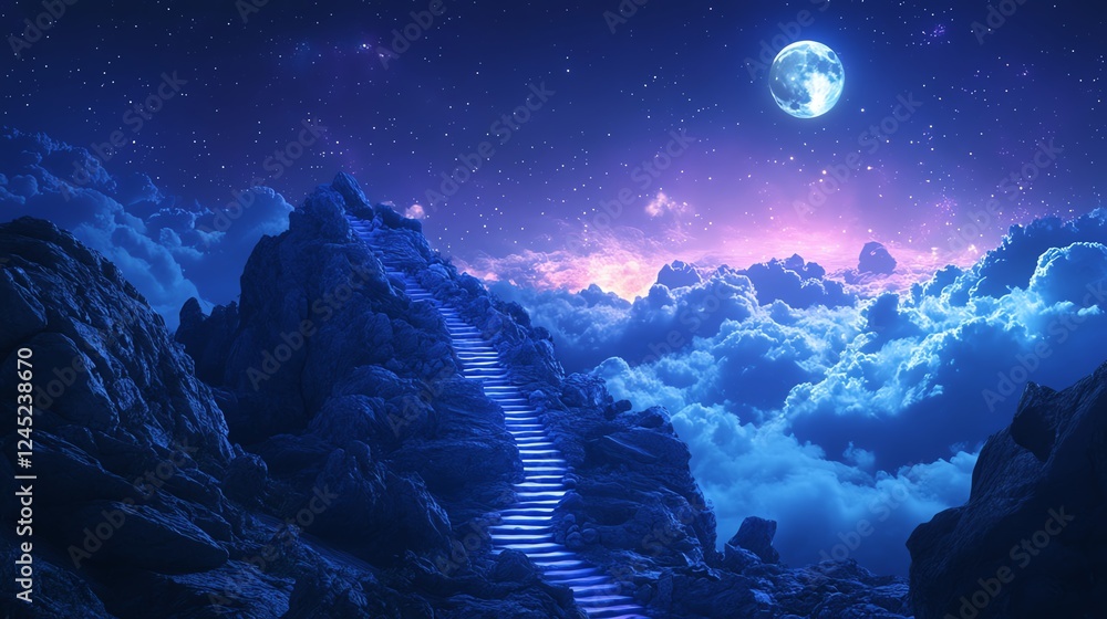 Mysterious mountain path leading to a bright moon in a starry night sky. Mysterious mountain path leading to a bright moon in a starry night sky.