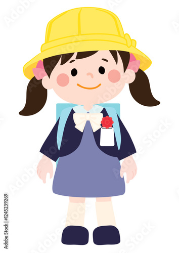入学式でランドセルを背負う笑顔の女の子のベクターイラスト