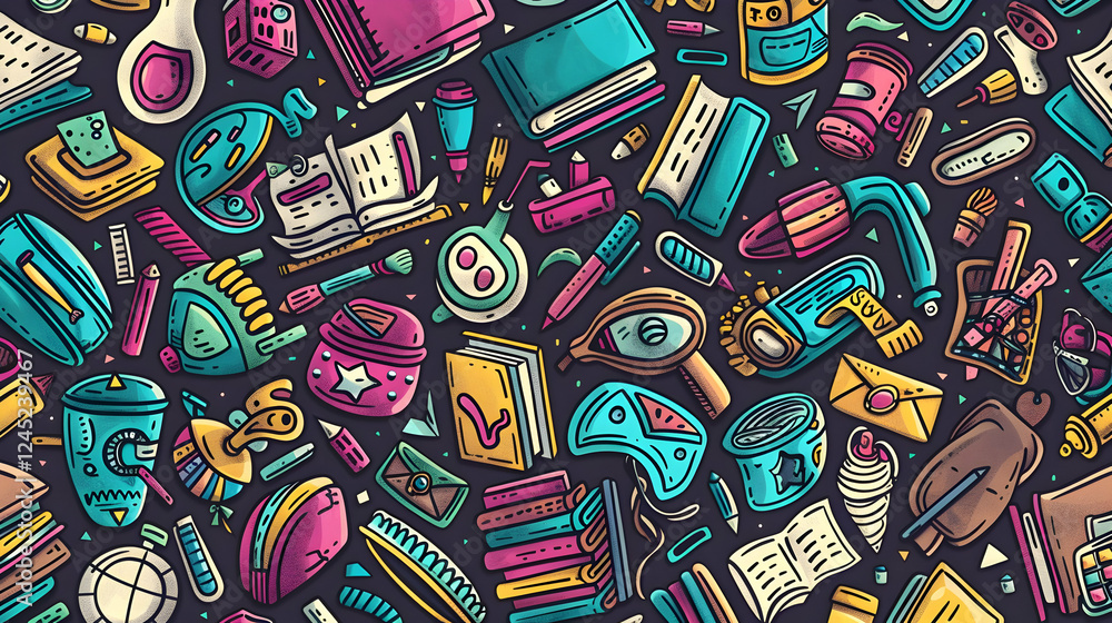 Fototapeta premium A vibrant collage of various stationery items and technology elements scattered artistically