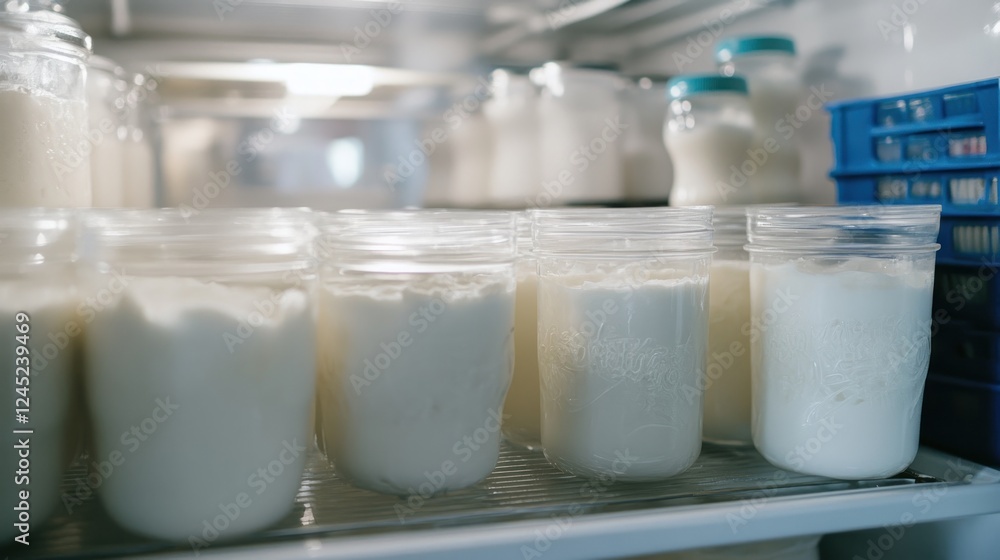Dairy Farm Fresh Yogurt Jars in a Refrigerator Dairy Farm Fresh Yogurt Jars in a Refrigerator