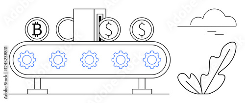 Coins labeled with Bitcoin and Dollar signs move on a conveyor belt lined with gears a cloud and a leaf add to the design. Ideal for finance, cryptocurrency, automation, production, technology