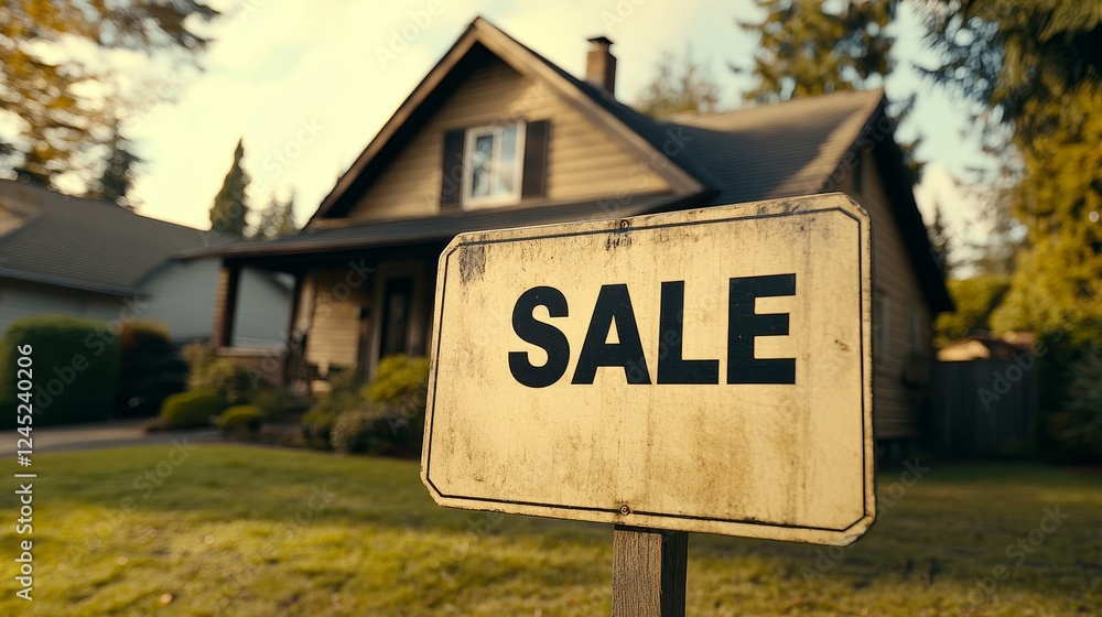 Cozy suburban house with sale sign in front yard at sunset Cozy suburban house with sale sign in front yard at sunset