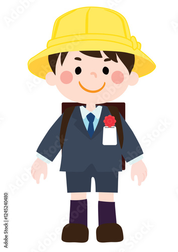 入学式でランドセルを背負う笑顔の男の子のベクターイラスト