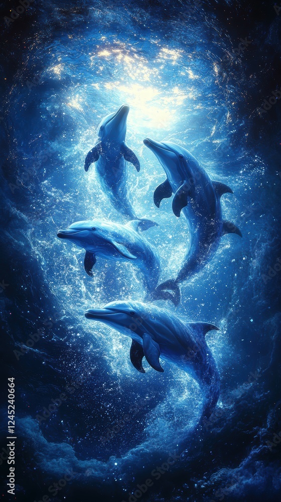 Fototapeta premium Dolphins Leaping in Ocean Light with Sparkling Water Reflections