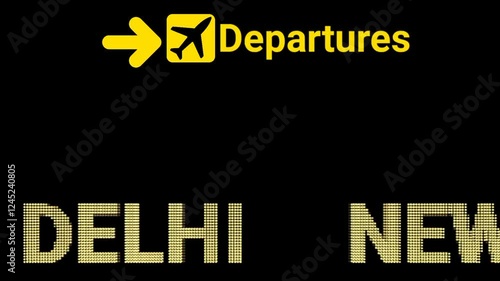 Realistic Airport Departures LED Sign Board with Animated Text at NEW DELHI. Suitable for transportation infographics, airline company presentations, tourism marketing, and flight information visuals