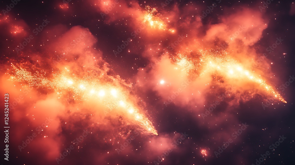 Naklejka premium Fiery Fireworks Displaying Bright Orange Sparks In Night Sky