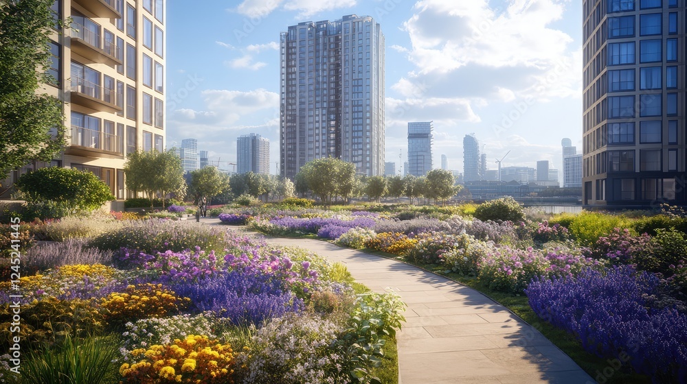 Fototapeta premium A thriving garden with perennial plants and vibrant flowers, with plenty of open space around it for creative branding.