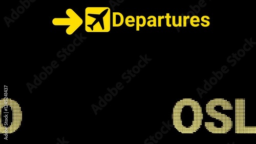 Flight Departures Sign Board with LED Text Animation at OSLO Airport. Suitable for travel agency commercials, flight schedule guides, airport navigation tutorials, and motion design content