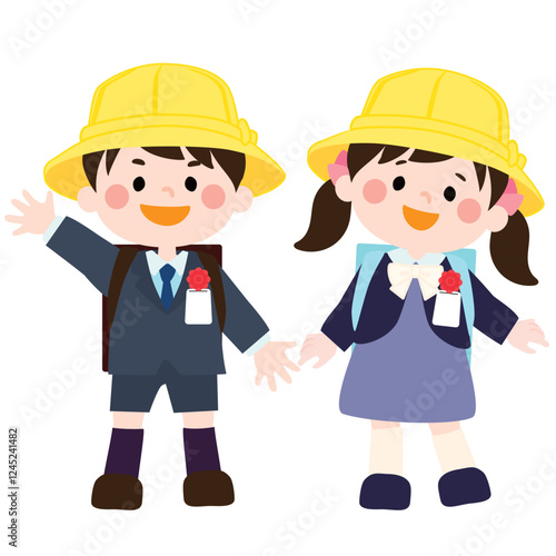 入学式でランドセルを背負い嬉しそうに笑うこどもたちのベクターイラスト