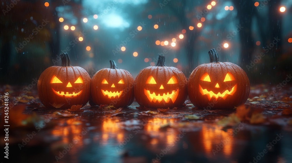 Halloween Pumpkins with Glowing Faces in a Rainy Autumn Scene. Generative AI Halloween Pumpkins with Glowing Faces in a Rainy Autumn Scene. Generative AI