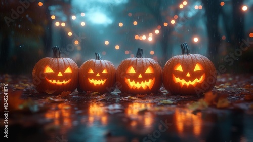 Wallpaper Mural Halloween Pumpkins with Glowing Faces in a Rainy Autumn Scene. Generative AI Torontodigital.ca