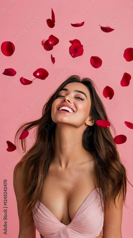 Falling Rose Petals Over a Smiling Woman Falling Rose Petals Over a Smiling Woman