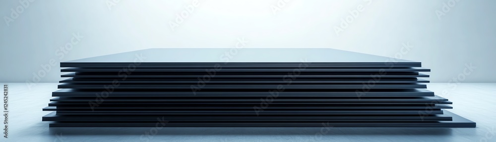 Stack of black sheets on a surface, minimalist design, white isolate background. Stack of black sheets on a surface, minimalist design, white isolate background.