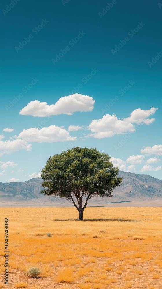 Fototapeta premium Lone Tree in Open Landscape Under Clear Blue Sky with Gentle Clouds