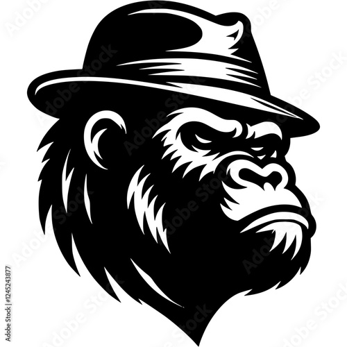 Tattoo of gorilla mafia bandit head in monochrome. Gloomy head of monkey clan. Engraving minimalistic vector in black ink drawing on transparent background