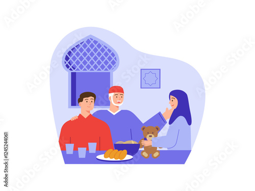 Muslim family ready for feast Illustration. Fasting ramadan illustration. Flat vector illustration concept.