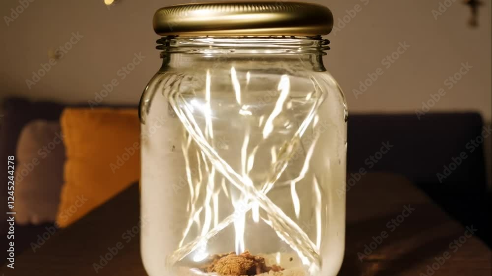 Clear glass jar with glowing string lights, creating a warm and cozy atmosphere in a stylish living room setting, perfect for home decor inspiration and festive celebrations Clear glass jar with glowing string lights, creating a warm and cozy atmosphere in a stylish living room setting, perfect for home decor inspiration and festive celebrations