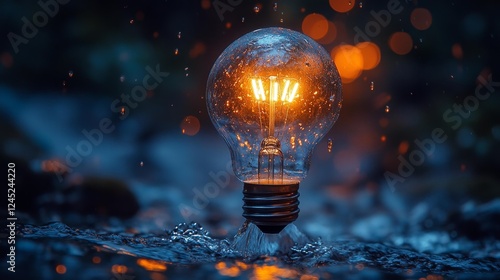 Electric Light Bulb Surrounded by Water. Generative AI photo