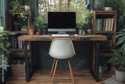 Modern rustic style desk with black metal frame, white Tolix chair, and wooden bookshelves in a bedroom setting with neutral color scheme. photo