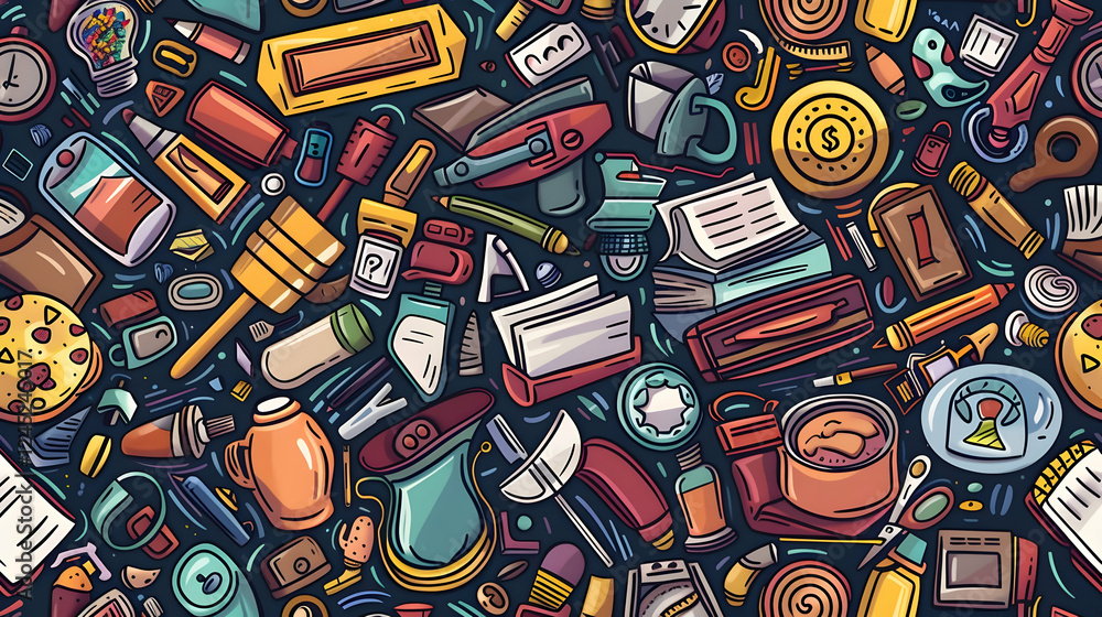 Fototapeta premium A vibrant collage of various everyday objects scattered on a dark background, showcasing creativity