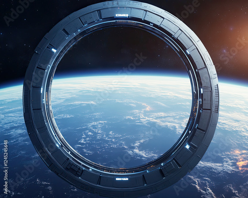 Fototapeta Naklejka Na Ścianę i Meble -  A futuristic ring structure or space station orbits above Earth, showcasing a stunning view of the planet and the cosmos beyond.