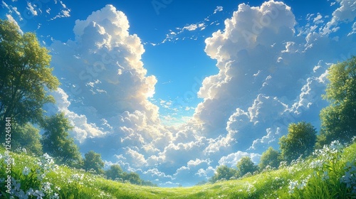 Stunning Scenic View of a Flower Field with Clouds. Generative AI photo