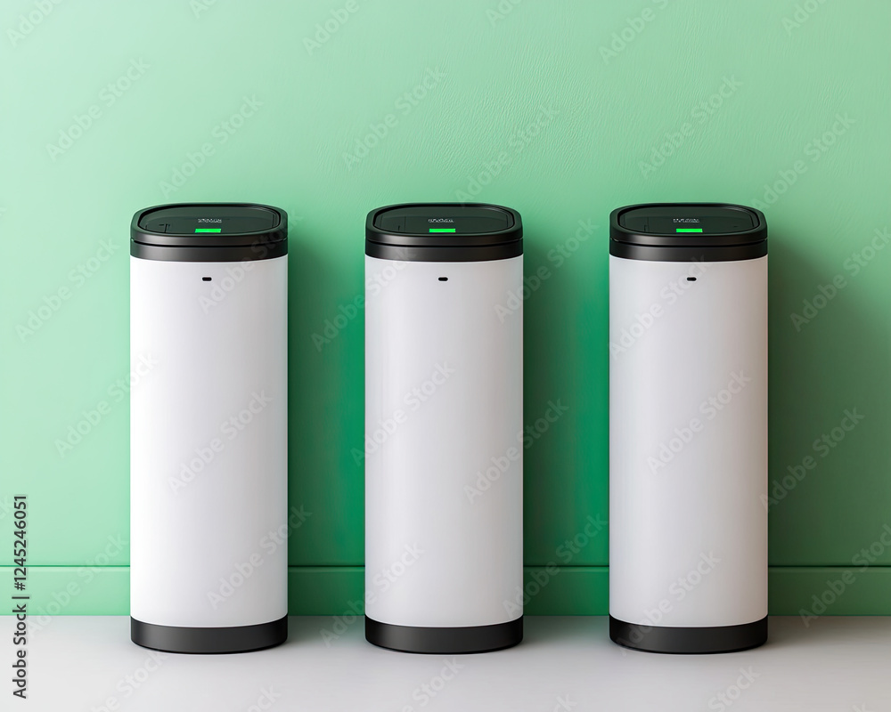 Three sleek, modern trash bins stand against a vibrant green wall, showcasing minimalistic design and eco-friendly aesthetics. Three sleek, modern trash bins stand against a vibrant green wall, showcasing minimalistic design and eco-friendly aesthetics.