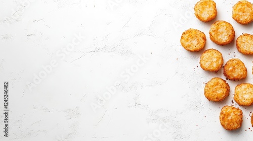 Frozen hash browns and tater tots placed on a white background with frost texture. Copy space included.