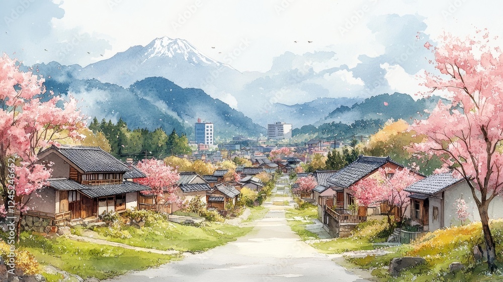 Naklejka premium Cherry Blossom Village with Mountains. Generative AI