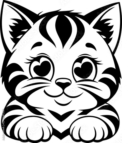 A cute, cartoonish kitten with heart-shaped eyes, featuring prominent stripes and a playful expression.