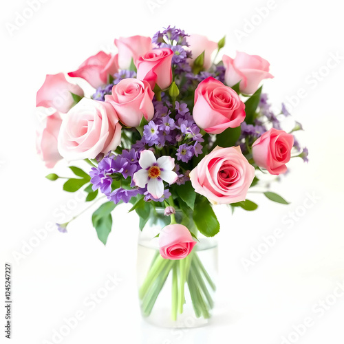 a vase filled with beautiful pink roses and purple flowers with a white background