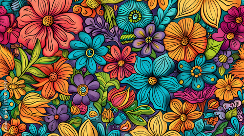 Vibrant floral pattern featuring a variety of colorful flowers and intricate designs