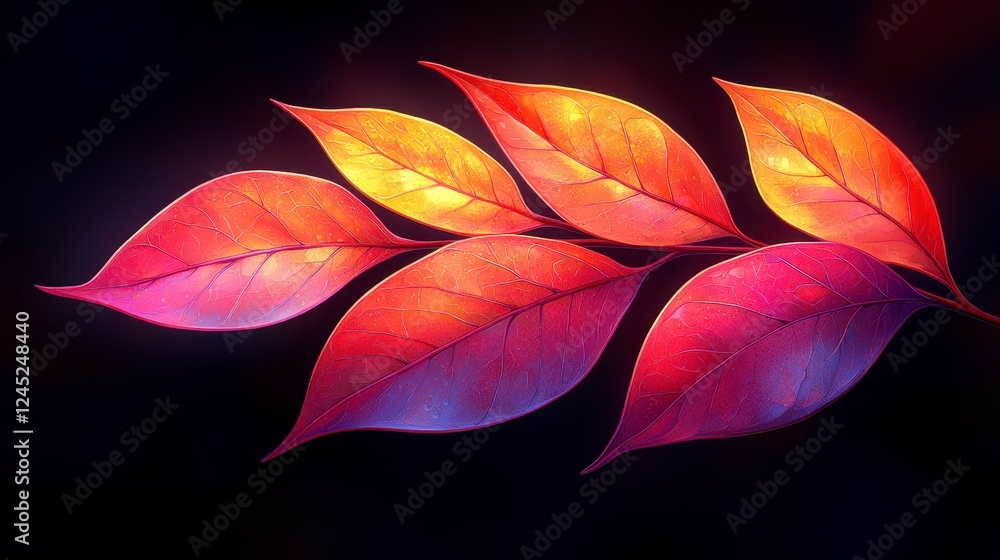 Glowing autumn leaves branch, dark background, fall design Glowing autumn leaves branch, dark background, fall design