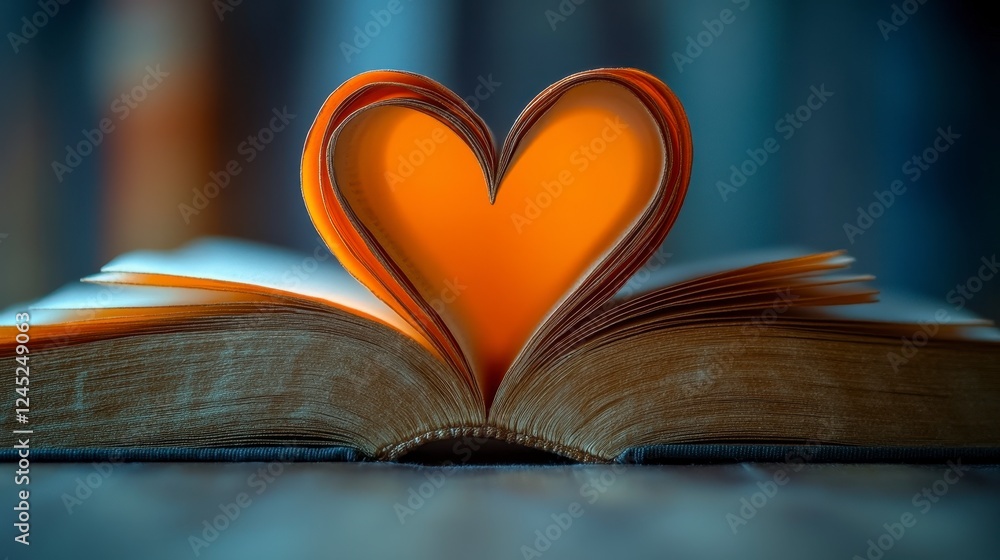 Glowing heart shaped pages in open book, dark background, romantic reading Glowing heart shaped pages in open book, dark background, romantic reading