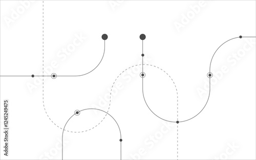 Vector curves, twisted u curve,s curve, points, dot, circles and dashed lines, white background, bending.